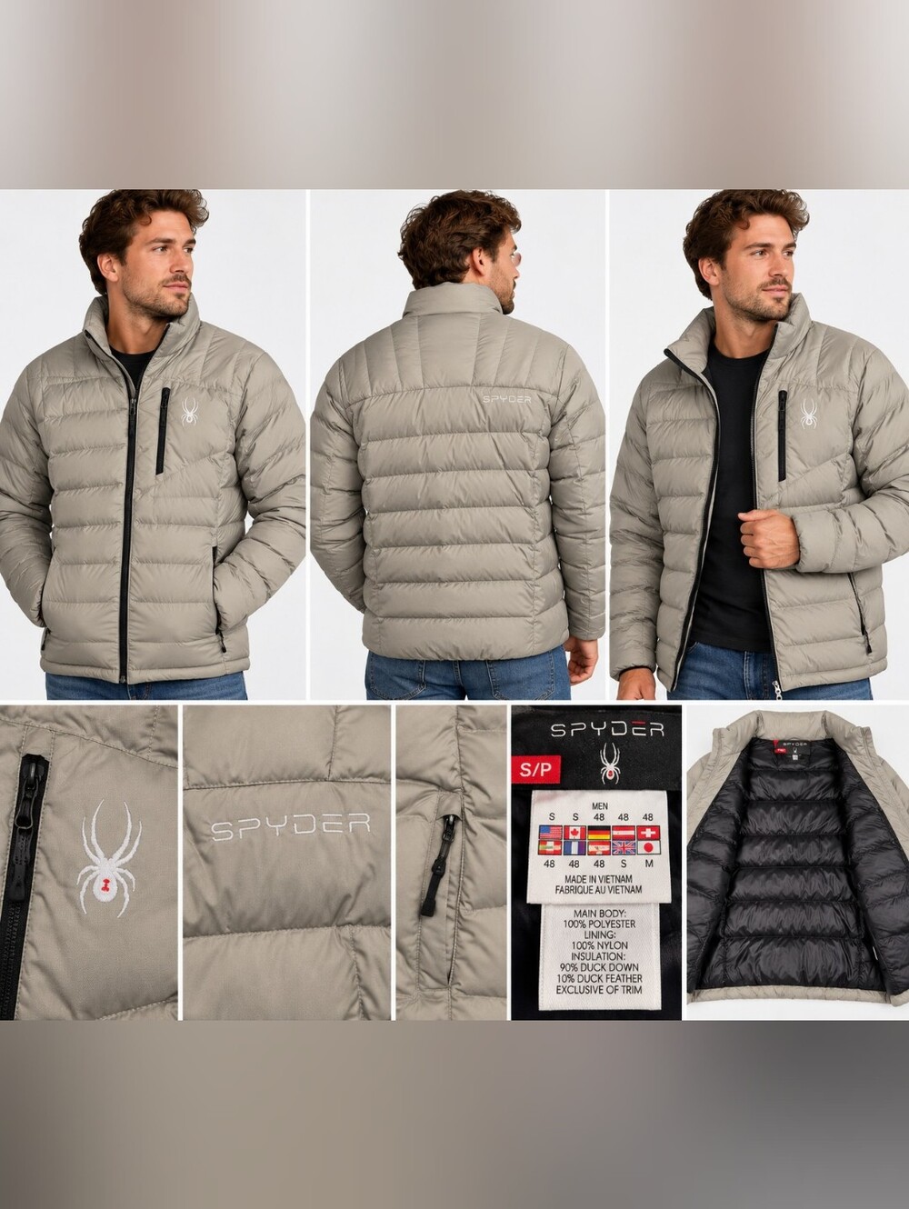 Spyder Men’s Small Down Puffer Jacket Gray 90% Duck Down Ski Winter Coat